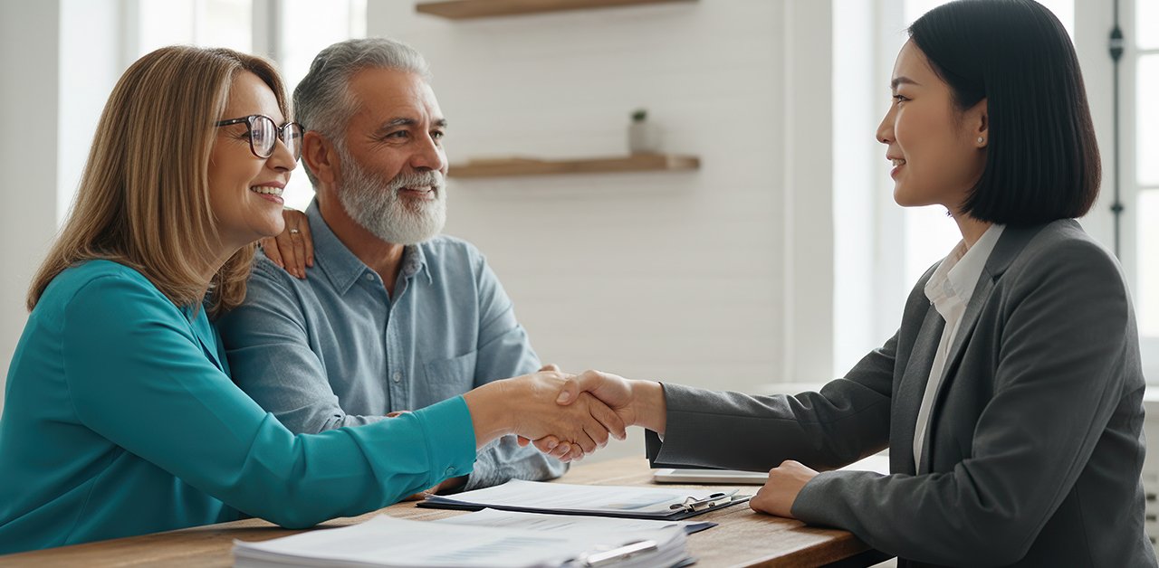 An older gentleman and a woman sit next to each other at a table across from a financial advisor. The woman has a hand on the man's shoulder and she is shaking the advisor's hand.