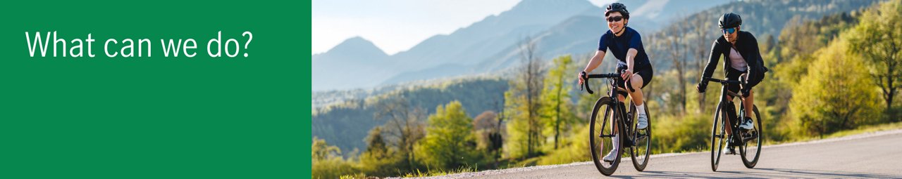 Two people mountain biking, with the text "What can we do" on the left