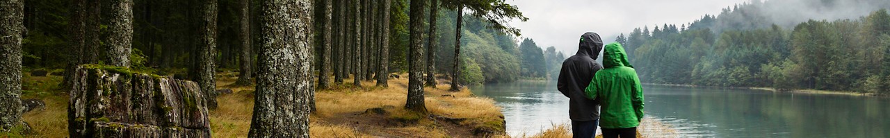 A couple wearing raincoats looks out over a foggy, misty lake in the fall in an evergreen forest in Washington state.