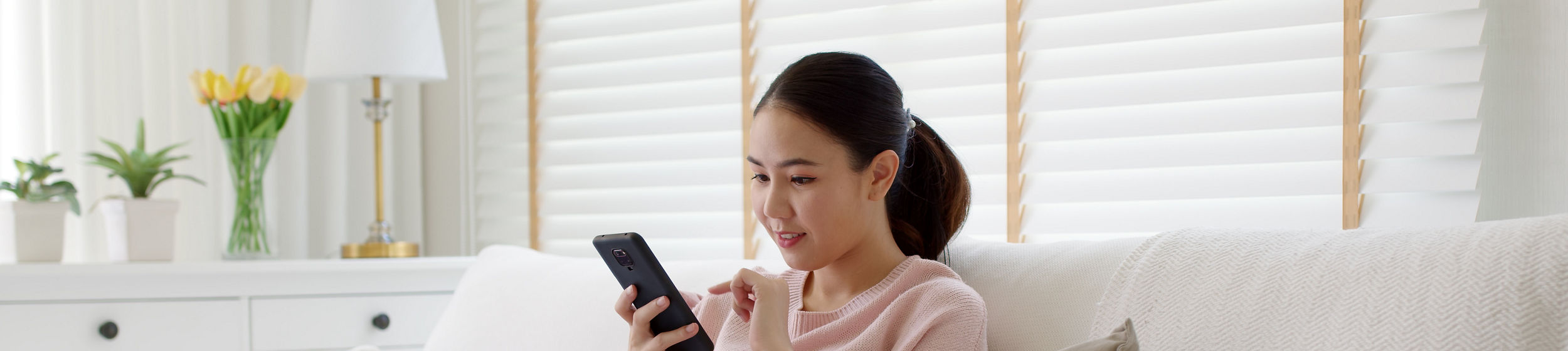 Young asia people 5G wifi digital device user teen girl watch read news play social media, e-commerce iot data app, pay money, remote shop retail store at home sofa couch sit easy relax happy smile.