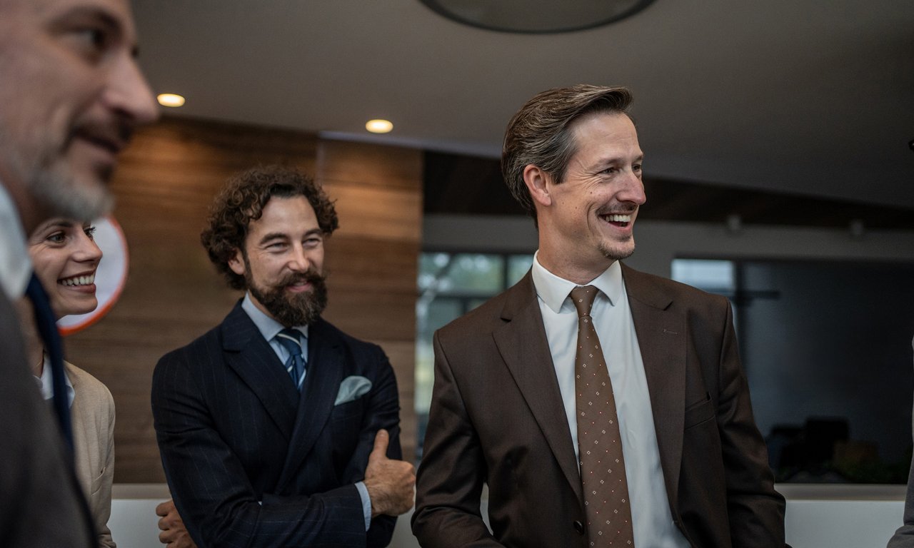 Un groupe de professionnels en costume et cravate sont debout, réunis dans le cadre d’un événement d’entreprise organisé en salle. Au premier plan, deux hommes vêtus de costumes sombres et marron, cravate au cou, sont en pleine conversation. L’arrière-plan représente l’intérieur d’un bureau ou d’une salle de conférence moderne, avec des boiseries aux tons chauds et des plafonniers. Les visages ont été floutés pour des raisons de confidentialité, ce qui met en valeur les tenues de ville et le cadre professionnel.
