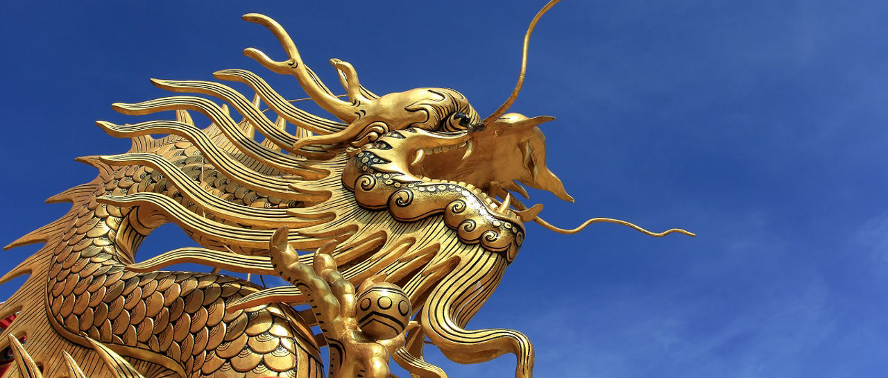 Gold dragon on blue sky backgrounds.