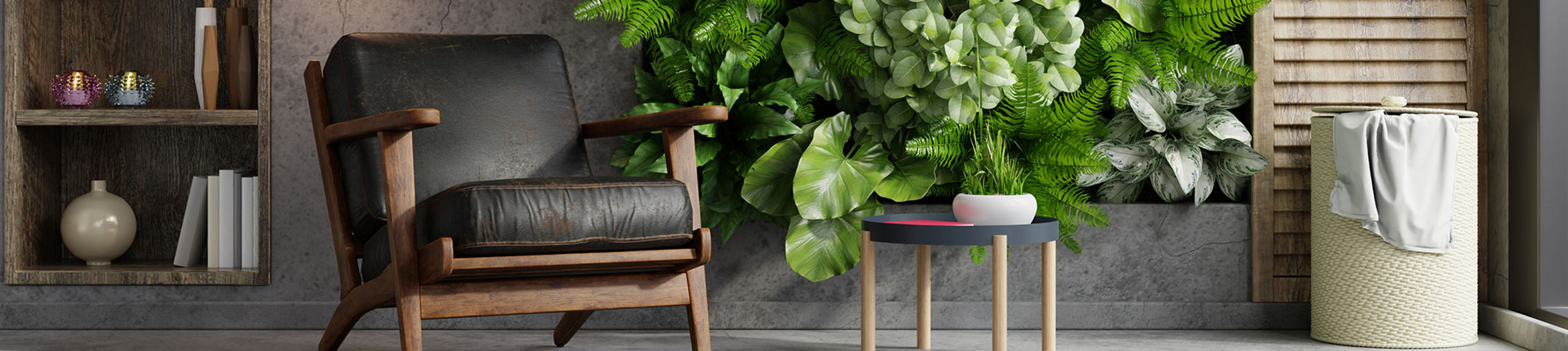 A contemporary living room features a dramatic green wall filled with lush foliage and large hydrangea-like blooms. A mid-century style armchair with a leather cushion sits beside a small round side table holding a plant. Built-in shelves display decorative objects, while pendant lights hang over the seating area. A wooden slatted panel and concrete-textured wall add contrast and warmth to the space. The overall scene feels calm, stylish, and nature-inspired.