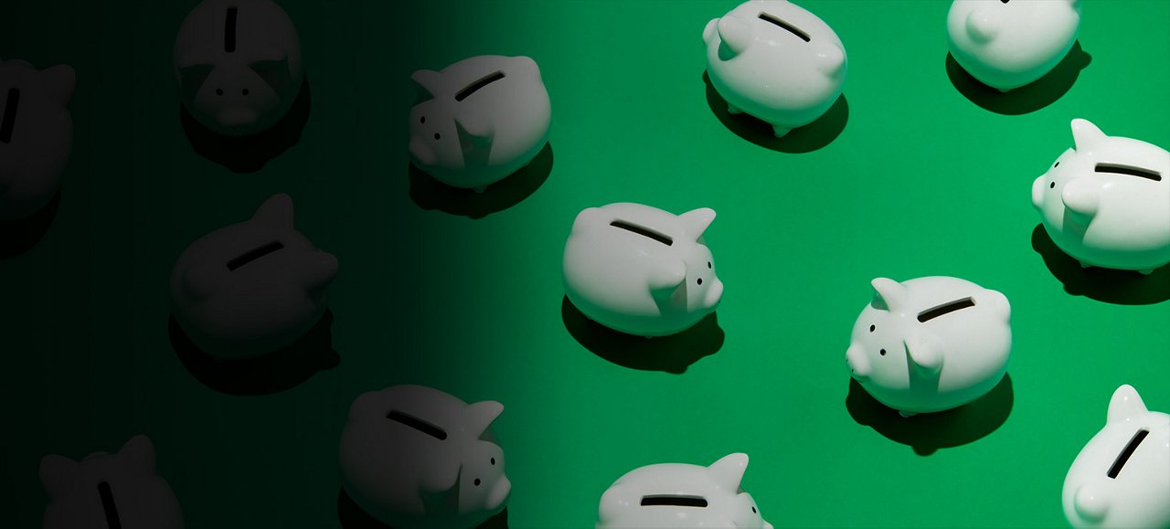 Iconic white piggy bank symbolizes the concept of savings, finance, and business growth in a banking environment.