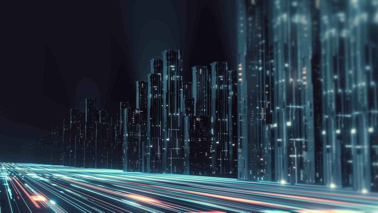 3D Rendering of abstract highway path through digital binary towers in city. Concept of big data, machine learning, artificial intelligence, hyper loop, virtual reality, high speed network.