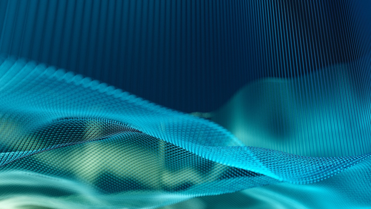 Abstract blue wire mesh forming a glowing landscape