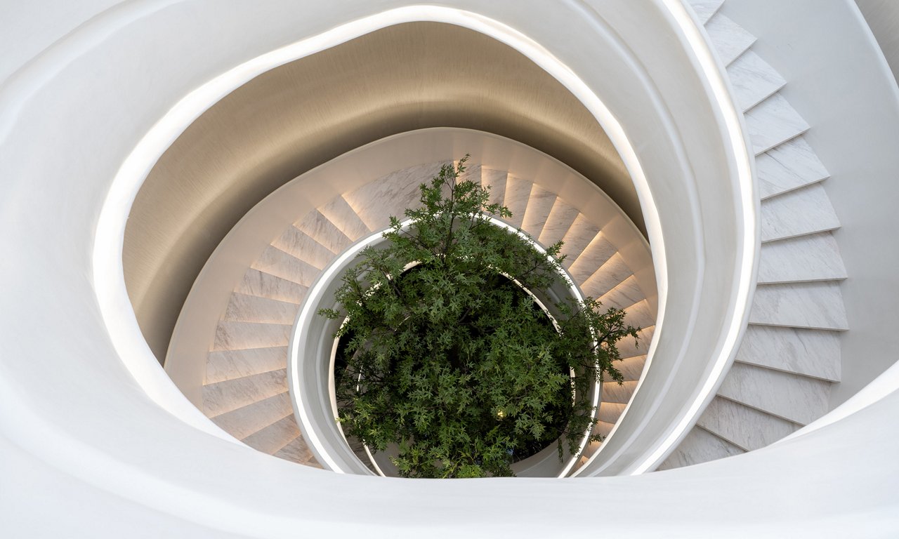 Un élégant escalier en colimaçon blanc s’enroule autour d’un arbre au feuillage luxuriant situé en son centre. La photo a été prise d’en haut, ce qui met en valeur la conception architecturale circulaire. Un éclairage doux et chaleureux met en valeur chaque marche et crée un dégradé harmonieux le long des courbes. Le contraste entre la structure blanche épurée et la végétation luxuriante confère à cet espace une atmosphère à la fois moderne et sereine.