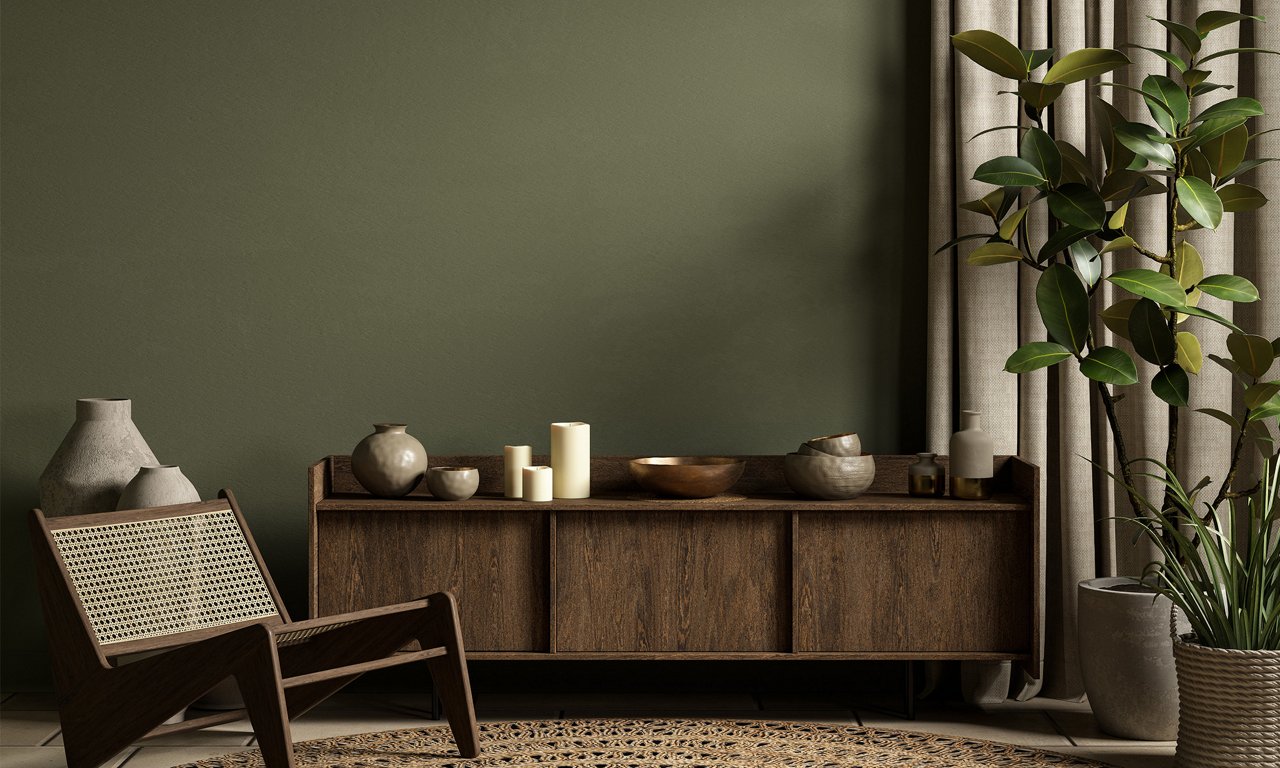A minimalist living room features a low wooden sideboard against an olive green wall. A woven lounge chair sits in the foreground beside a round patterned rug. Ceramic vases, bowls, and pillar candles are arranged on the cabinet for a natural, sculptural look. Floor-length curtains and a tall potted plant add softness and greenery to the calm, neutral space.