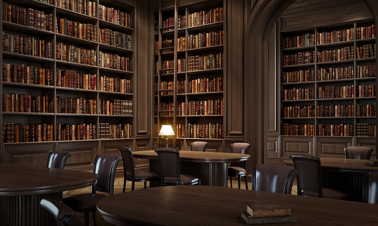 L’intérieur d’une bibliothèque classique est rempli de hautes étagères en bois sur lesquelles s’alignent de vieux livres reliés en cuir. Des tables et des chaises rondes en bois sont disposées un peu partout dans la pièce, créant ainsi un espace calme propice à la lecture ou au travail. Une seule lampe de table diffuse une lumière chaleureuse au centre, baignant les surfaces en bois foncé d’une lueur douce. L’ambiance générale est calme, studieuse et traditionnelle.