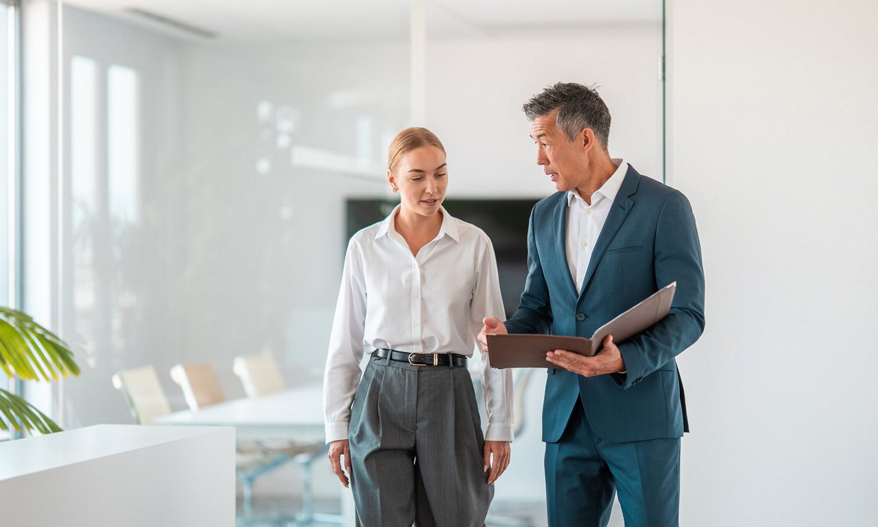 Two business professionals stand together in a bright, modern office environment. The man in a blue suit holds an open folder or portfolio while speaking with the woman dressed in a white shirt and high-waisted trousers. Glass walls and contemporary furnishings create a clean, corporate setting in the background. The overall scene suggests a professional conversation or meeting in a contemporary workplace.