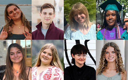 Collage of eight portrait photos showing young people in various settings, including outdoor locations, a graduation portrait, and professional-style headshots.
