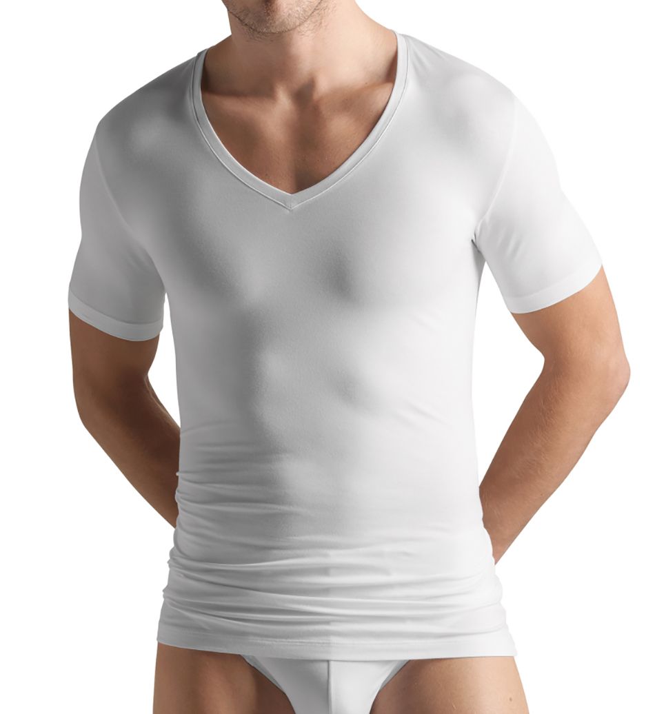 Hanro Men's Cotton Superior V-Neck T-Shirt in White (73089) | Size Large | HisRoom.com