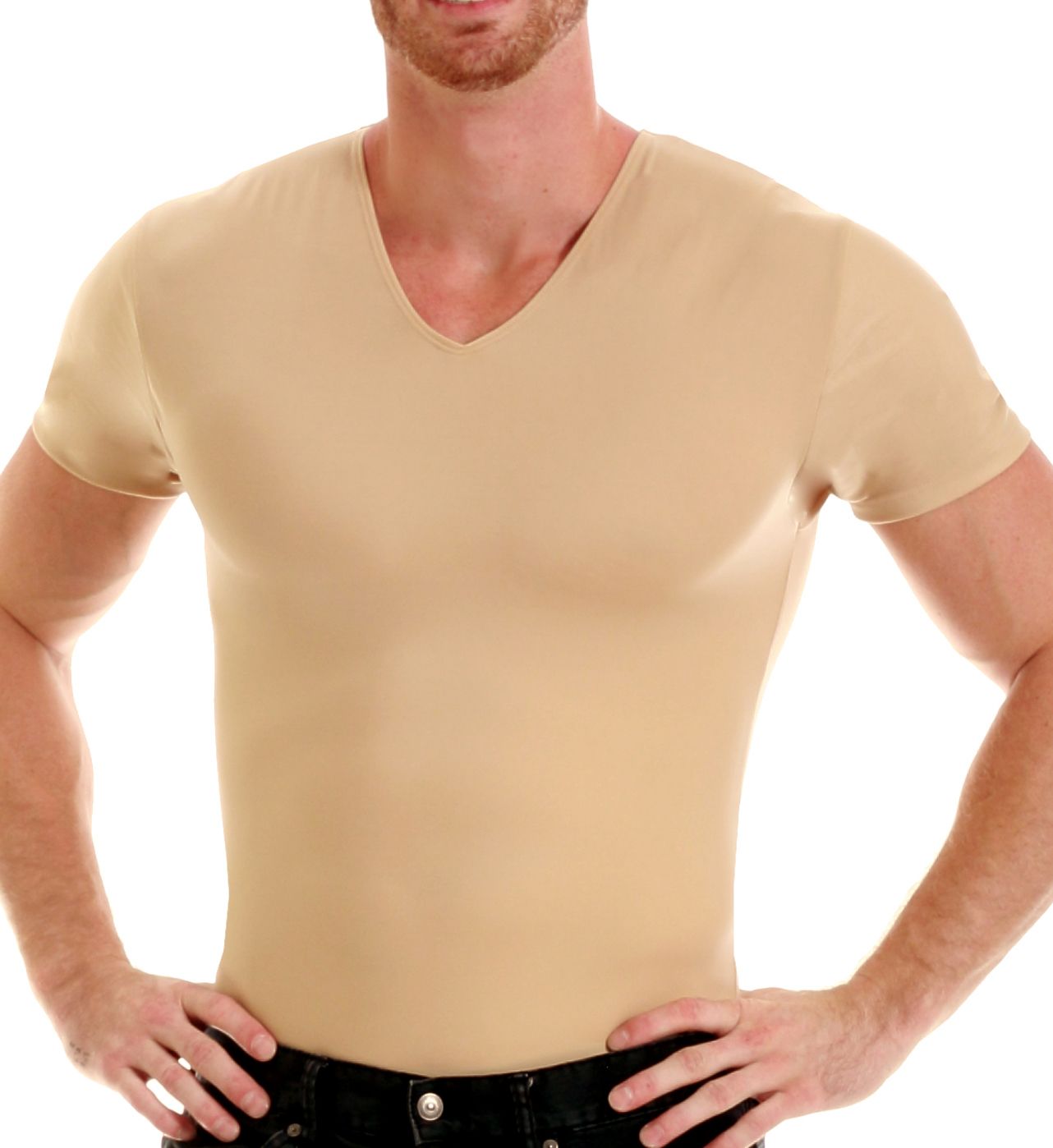 Insta Slim Men's Slimming Compression V-Neck T-Shirt in Beige (VS0001) | Size 3XL | HisRoom.com