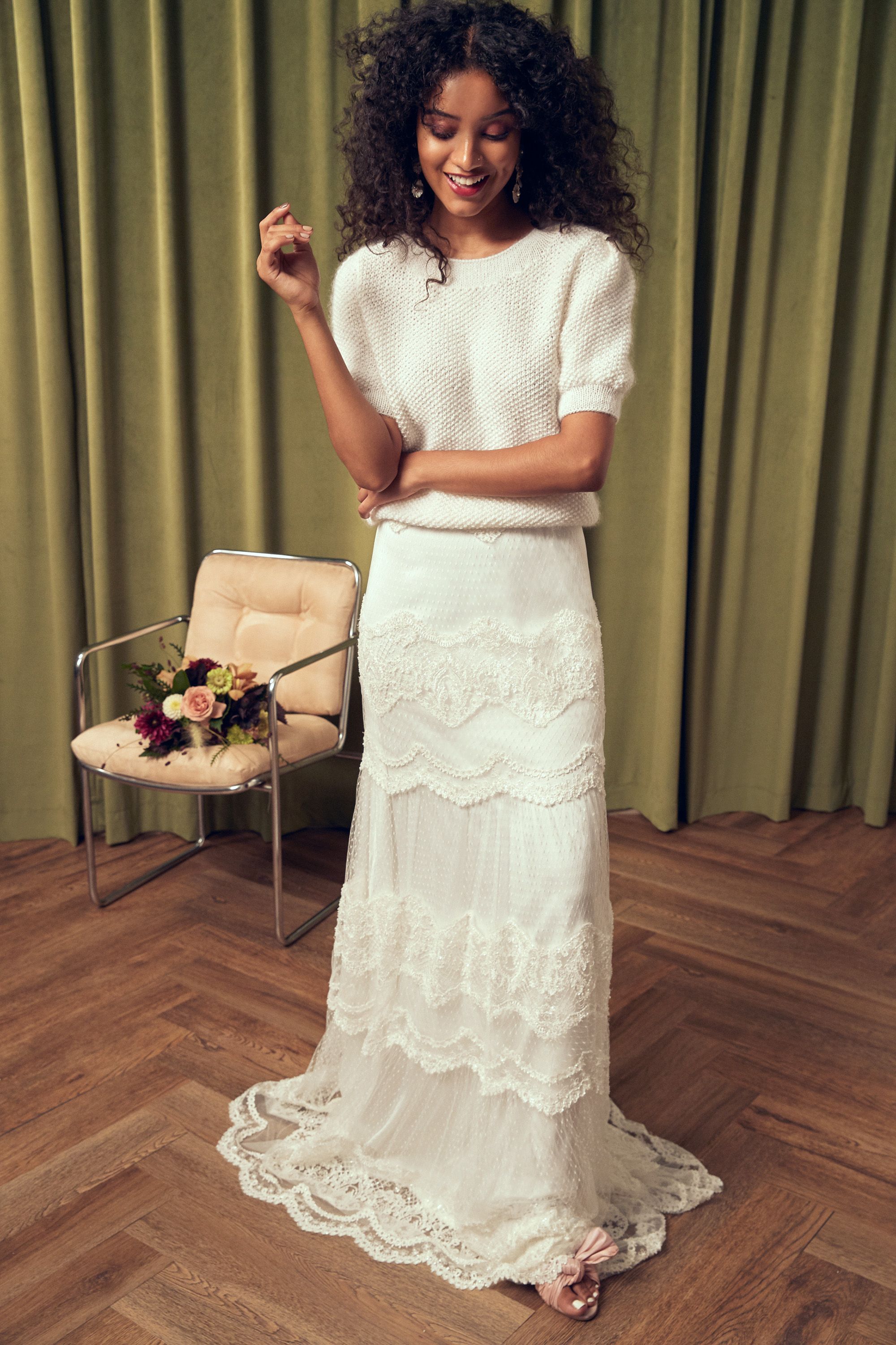 sweater and skirt outfit for wedding