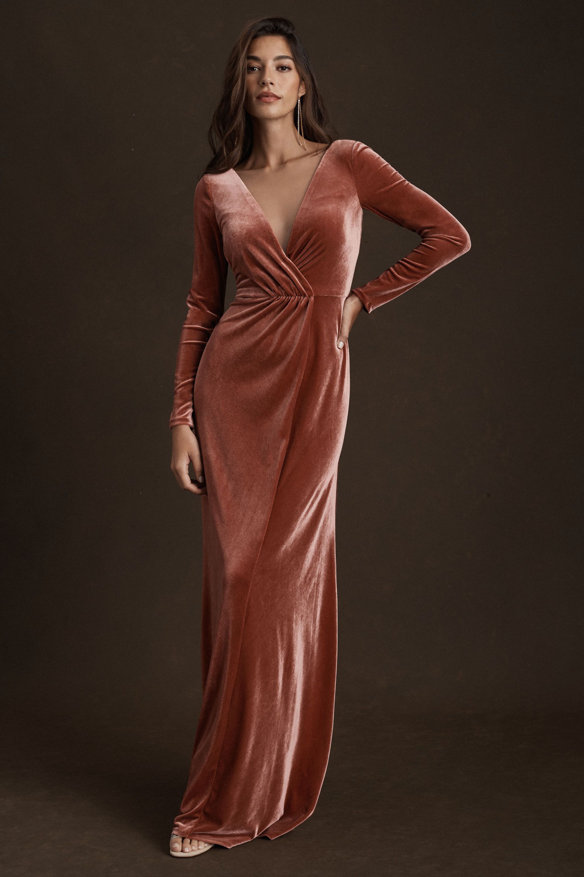 English rose V-neck Long Sleeve Velvet Bridesmaid Dress