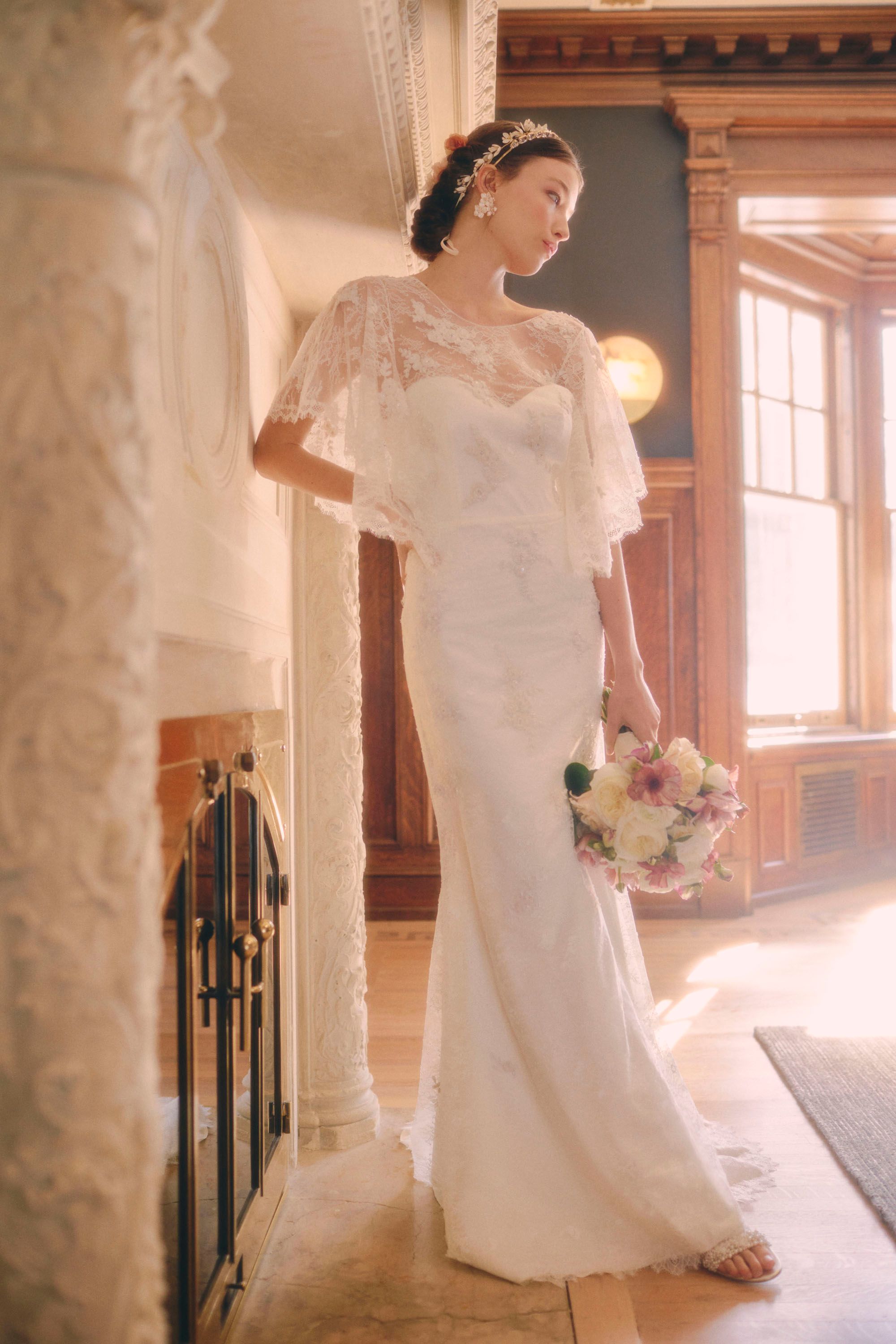 Vintage inspired wedding gown with lace sleeves