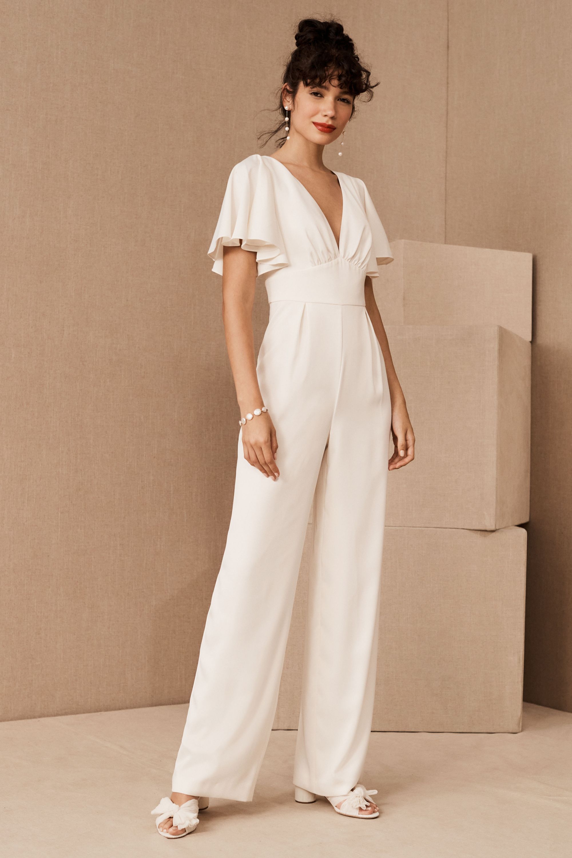 White Jumpsuit for Rehearsal Dinner with V Neck and Flutter Sleeves