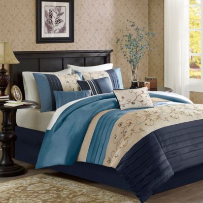 madison park serene embroidered 7 piece blue comforter se