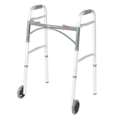 Drive Medical Deluxe Two-Button Folding Walker with Wheels in Silver