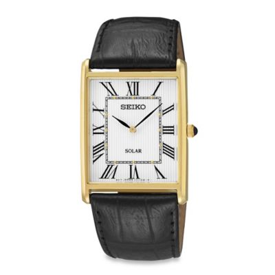 Seiko Men's Goldtone Square Solar Watch with Leather Wrist Strap - Bed ...