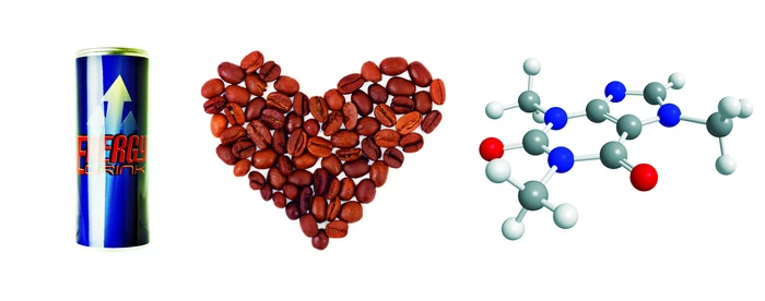 A graphic rendition of “I heart caffeine” designed using an energy drink can, coffee beans, and the molecular structure of caffeine.