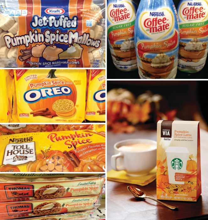 Collage of pumpkin spice flavored food products.