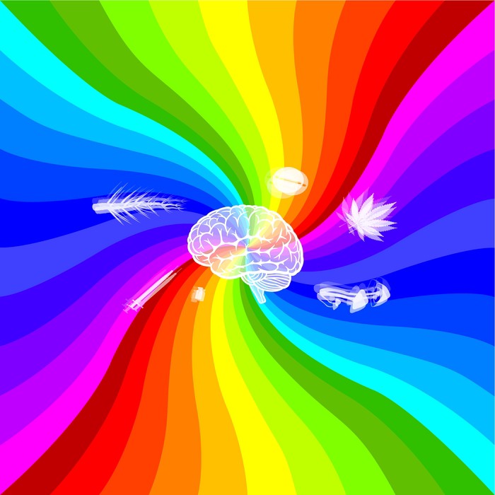 An illustration of a brain with symbols of drugs in a wild colorful background.