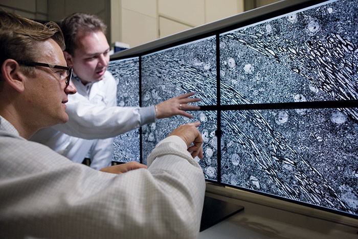 A photo of two technicians reviewing a scanning electron microscope image.