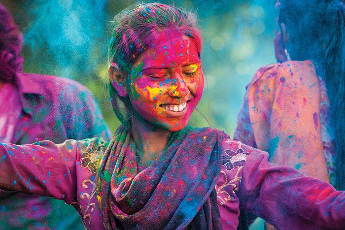 Traditional, Indian Colorful Holi Powder Paint in Steel Bowls