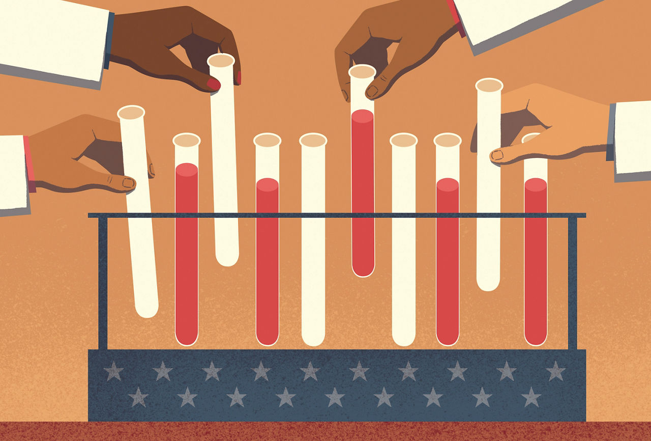 Hands representing different genders and ethnicities holding test tubes.