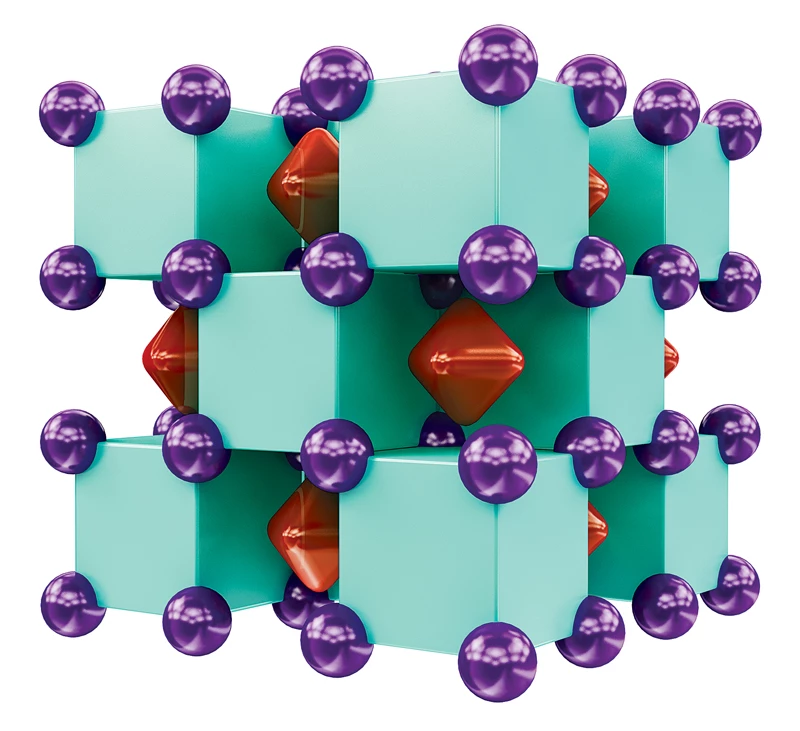 Green cubes with purple spheres at each corner alternated with red diamonds.
