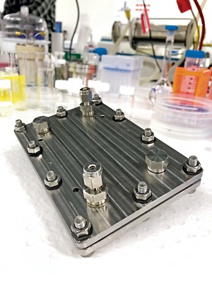 A photograph of an electrochemical device that can reduce nitrogen to ammonia.