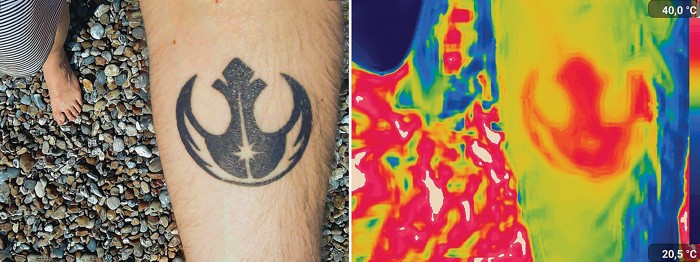 Optical and thermal images of a tattoo on a hot day.
