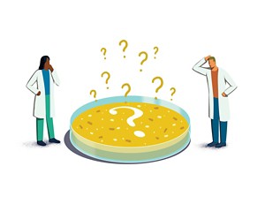 An illustration of two scientists standing befuddled next to a yellow petri dish with a question mark on it, and several question marks above it.