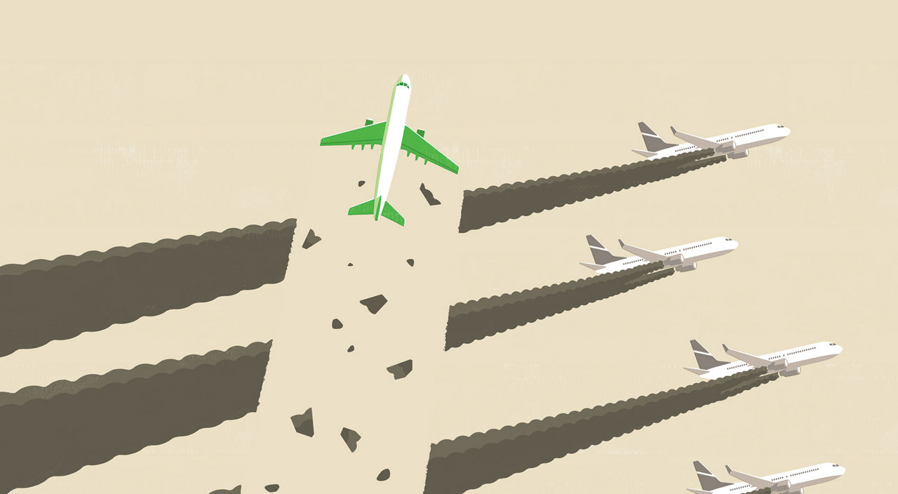 An airplane breaks through the exhaust of other planes.
