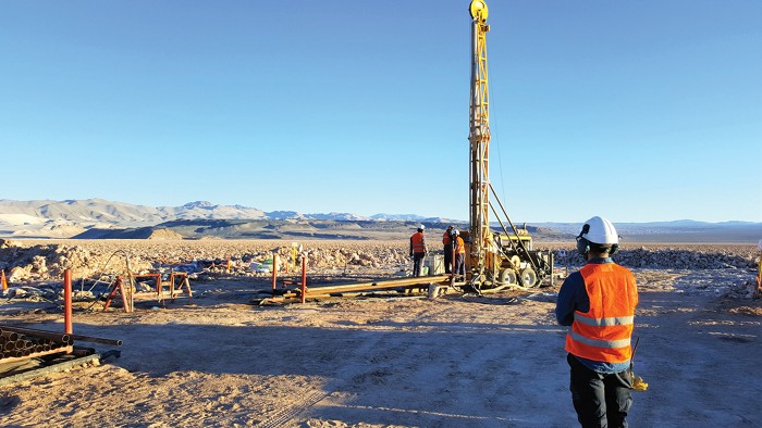 A machine drills a well for lithium extraction at Lake Resources' mine in Argentina.