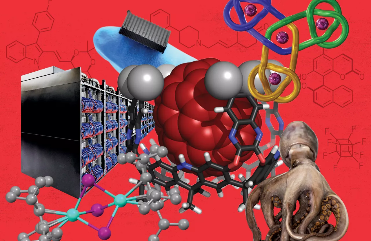 A collage of images and structures featured in the 2022 Year in Chemistry