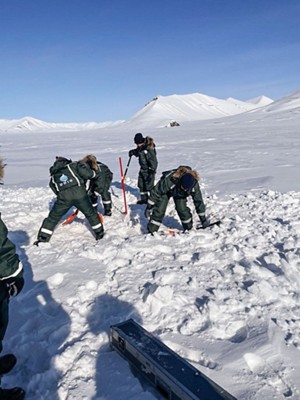 Four researchers in black gear digging in the snow.