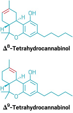 Chemical structures of delta-8-tetrahydrocannabinol and delta-9-tetrahydrocannabinol.