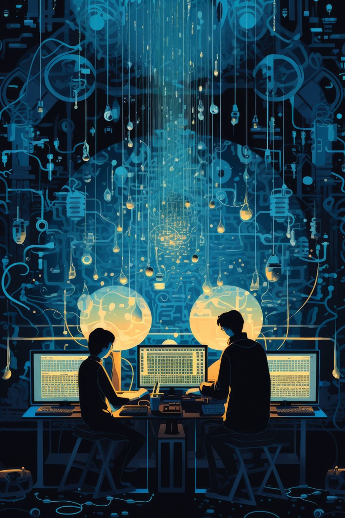 An AI-generated graphic, including two people in a lab.