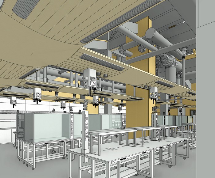 A 3D drawing of the interior of a laboratory shows empty tables in gray and shelves. Above the tables are ductwork and lighting, with tall ceilings beyond them.