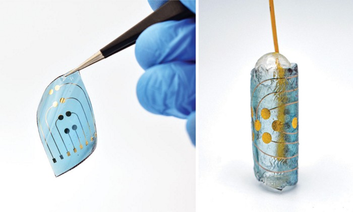 An electronic circuit printed onto a piece of gelatin and rolled into a capsule.