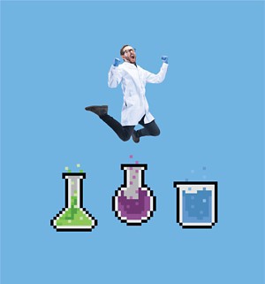 A collage image of a white-coated scientist jumping for joy in front of three pixelated beakers.