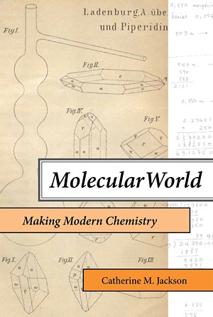 Cover of a beige book titled Molecular World: Making Modern Chemistry. The background illustration shows diagrams of math equations, chemical glassware, and various scripts.