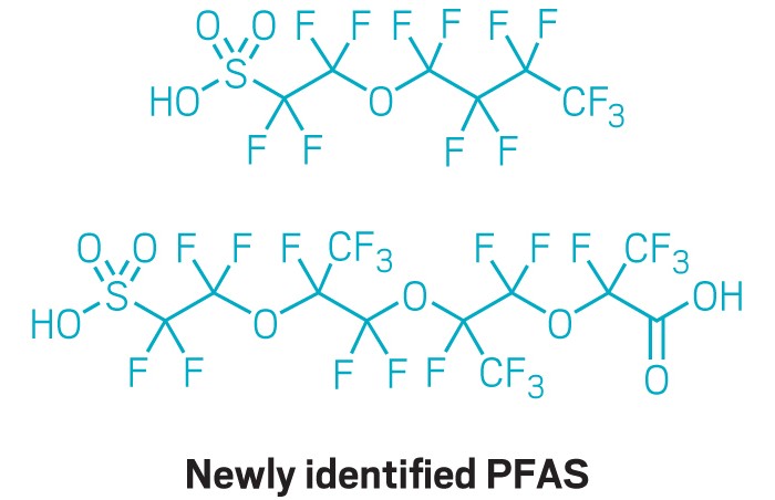 Chemical structures of previously unreported PFAS chemicals in the Cape Fear River.