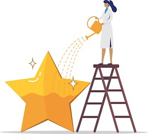 A person with long hair and wearing a white dress stands atop a ladder while watering a golden star with a golden watering can.