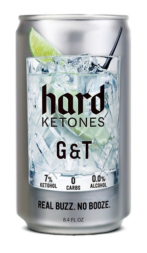 An aluminum can reads "Hard Ketones" and describes a drink like a gin and tonic.