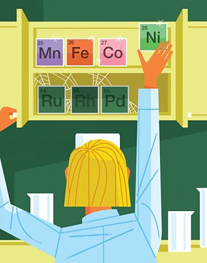 An illustration of a person in a lab coat reaching into a cabinet. Inside the cabinet are various elements. The upper shelf is pristine, while the lower shelf is dusty with cobwebs.