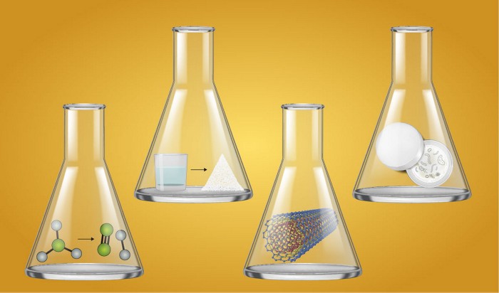 Image of 4 beakers, each holding a different chemical compound or structure.