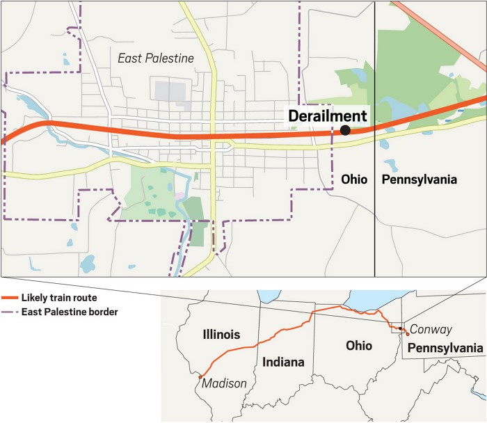 A map showing the location of the train derailment near the Ohio-Pennsylvania border.